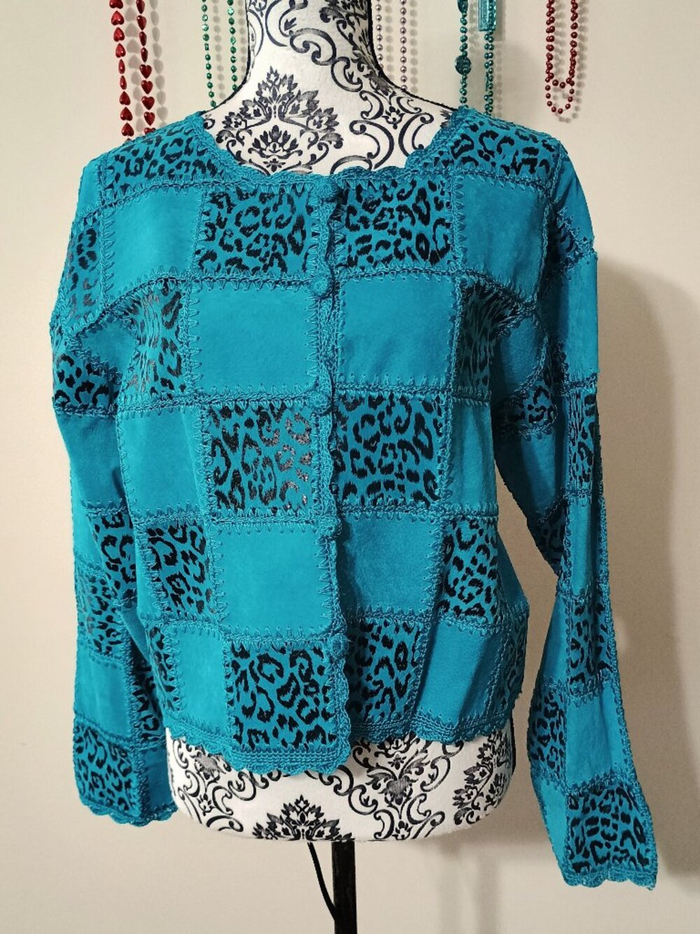 S.M.H. Boutique Leather Patchwork Cropped Shirt Jacket Turquoise Small